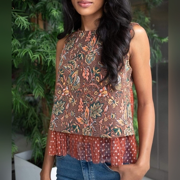 Anthropologie Eva Franco Brown Floral Jacquard Tulle Sleeveless Top SMALL - Picture 6 of 14